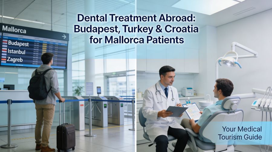 Mallorca traveler at airport choosing flights to Budapest Istanbul and Zagreb for dental treatment abroad